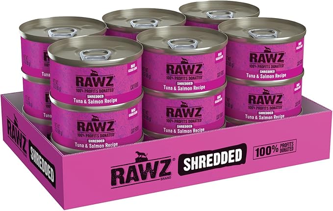 Rawz Natural Premium Shredded Canned Cat Wet Food - Grain Free Made with Real Meat Ingredients No BPA or Gums - 3oz Cans - 18 Count (Tuna & Salmon)