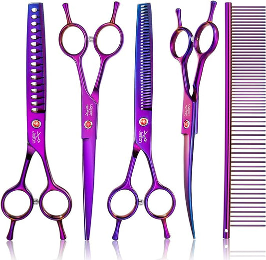 JASON Dog Grooming Scissors Kit, Professional 6 in 1 Dog Scissors Sharp Shears Set - Straight, Thinning, Chunker, Curved Shears and Comb for Long Short Hair for Dog Cat Pet