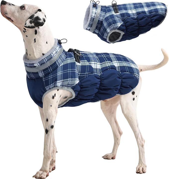 FUAMEY Dog Coat for Large Dogs,Waterproof Dog Winter Jacket with Harness Built in Puppy Cold Weather Coats Reflective Pet Vest with Zipper Warm Fleece Dogs Snowsuit Windproof Blue Plaid L