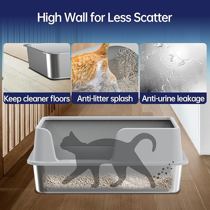 Stainless Steel Litter Box, Enclosed Cat Litter Box Metal Pan Tray with High Wall Sides Non-Stick No Smell Easy to Clean Pet Toilet Supplies for Indoor Cats,Kitten, Kitty, Rabbit (Side Pedal)
