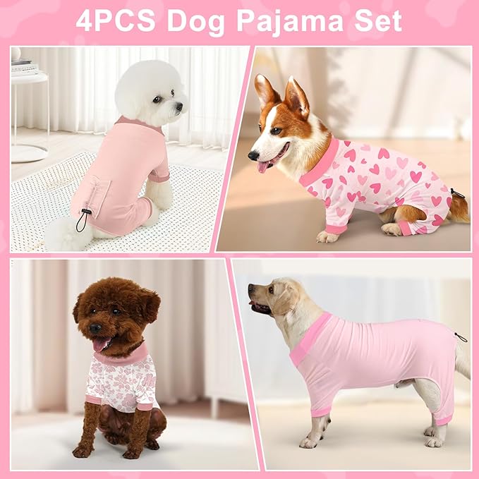 Bienbee Dog Pajamas, 4 Pack Cute Soft Dog Puppy Clothes Dogs Pjs Onesies Jammies Outfit Adjustable Breathable & Stretchy Clothes for Small Medium Large Dogs Girl Boy Puppy-2XL