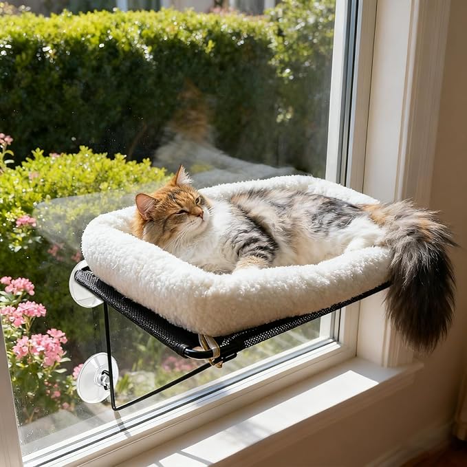 Cat Window Perch, Cordless Cat Hammock Window Seat with Sturdy Metal Frame Supports and 4 Strong Suction Cups (White, Short Hair)