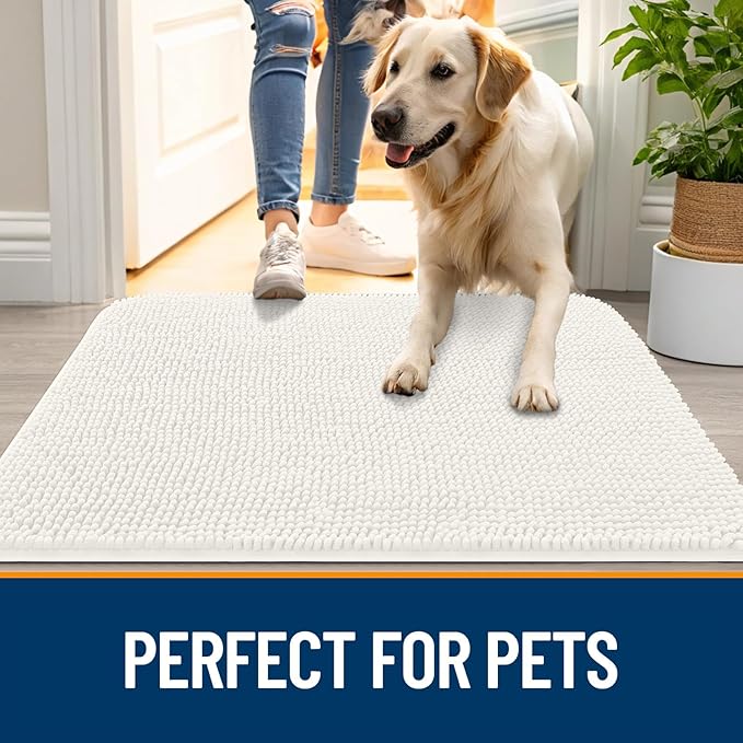 OLANLY Dog Door Mat for Muddy Paws 45x27, Absorbs Moisture and Dirt, Absorbent Non-Slip Washable Doormat, Quick Dry Chenille Mud Mat for Dogs, Entry Indoor Entryway Carpet for Inside Floor, Ivory