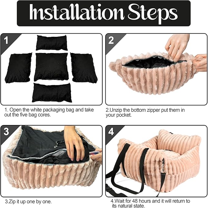 Dog Car Booster Seat, for Small Dogs Under 30 lbs, Detachable Washable Travel Bed with Storage Pockets and Safety Belt (Pink, Medium)