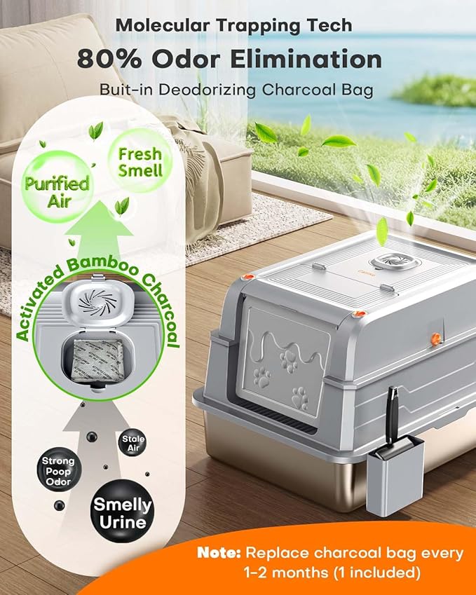 CATLIKE 2025 Upgrade 152L XXXL Stainless Steel Cat Litter Box - 3-Layer Urine Leak-Proof, Enclosed Design w/Charcoal Filter for Maine Coon & Multi-Cat Homes, Includes Metal Scoop & Mat