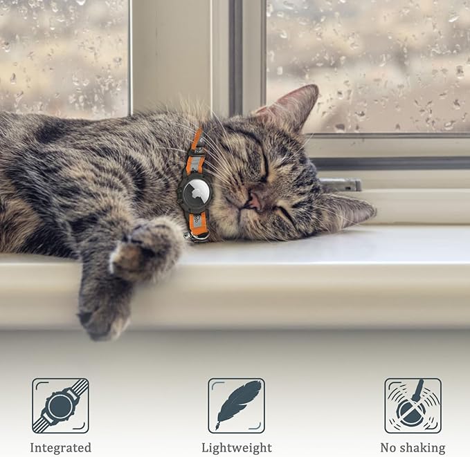 Reflective AirTag Cat Collar, Integrated Cat Tracker Collar with Air Tag Holder and Bell, Safety Elastic Band Cat GPS Collars for Girl Boy Cats, Kittens and Puppies (Orange,XS)