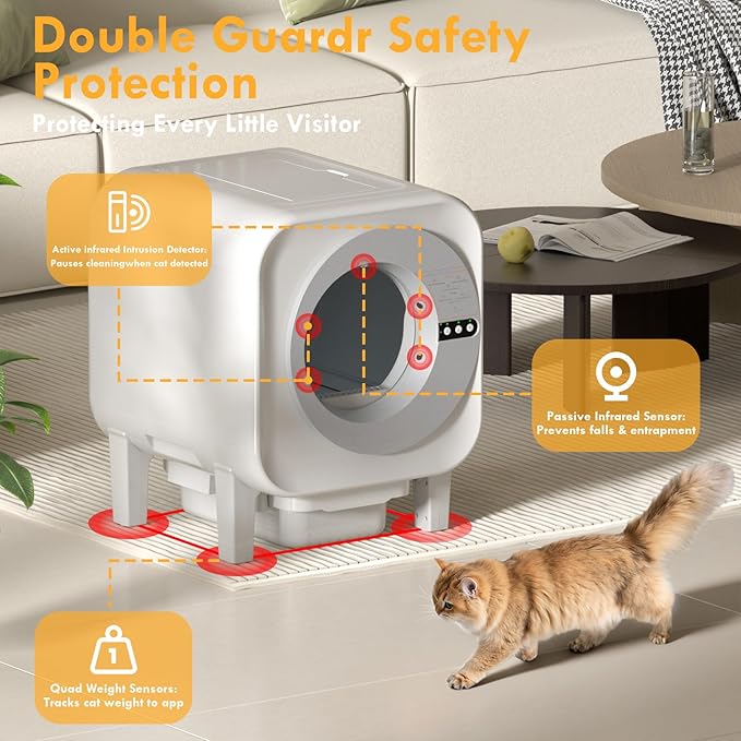 Self Cleaning Litter Box - Large Capacity Automatic Cat Litter Box for Multiple Cats |Smart App Control,Dual Safety Protection Robot,Odor Eliminator, 2 Roll of Garbage Bags,Silver