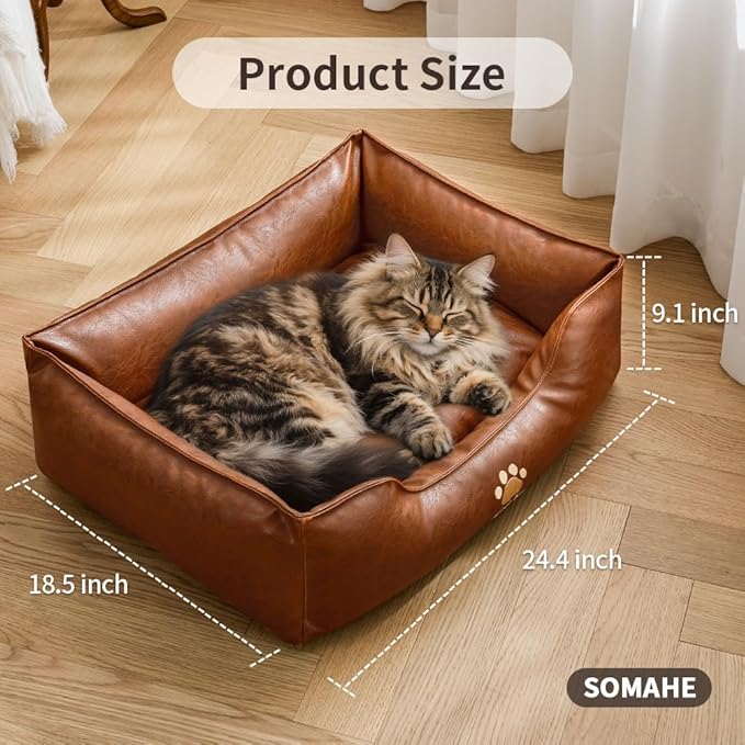 Premium Leather Cat Bed for Indoor Cats Premium Small Dog Bed Pet Nest with Anti-Slip Base Ultra Soft Texture for Comfortable Rest 24 × 18 × 9 inch Brown