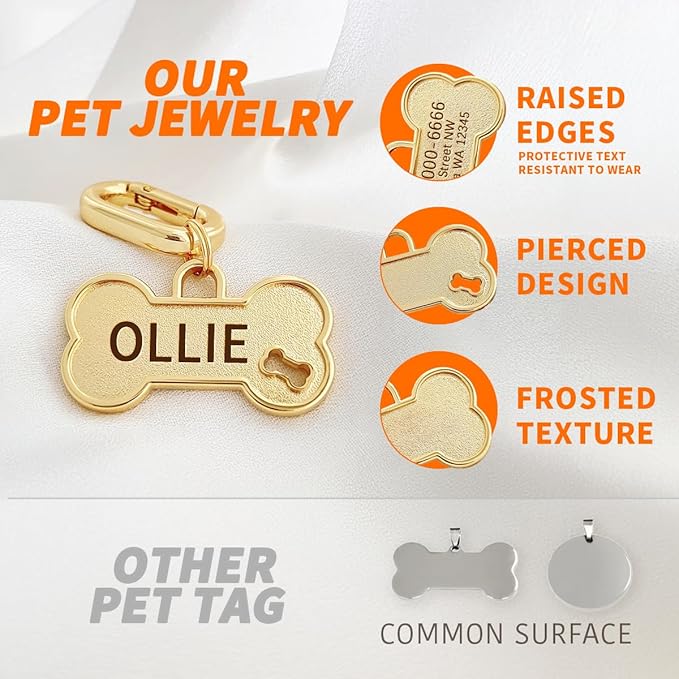 Dogs ID Tags Personalized Front and Back Engraving Brass Bone Shape Small..