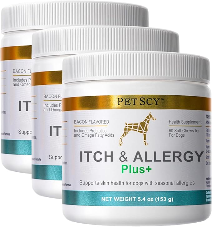 PetScy Itch & Allergy Plus Chews for Dogs Itchy Skin, Ears & Paws | Probiotics, Moringa & Turmeric | for Skin Redness, Hair Loss Gut & Digestive Health - Bacon Flavor - 60 Chews (Pack of 3)