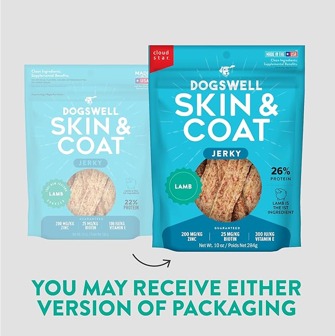 Dogswell Skin & Coat Jerky Dog Treats, Lamb, 10 oz. Bag