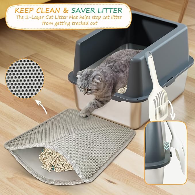 Stainless Steel Cat Litter Box, Covered Metal Litter Tray, Cat Litter Pans with High Sides, Kitty Litter Box for Small and Medium Cats (Non Sticky, Anti-Urine Leakage) 17.5" L x 13.5" W x 6" H
