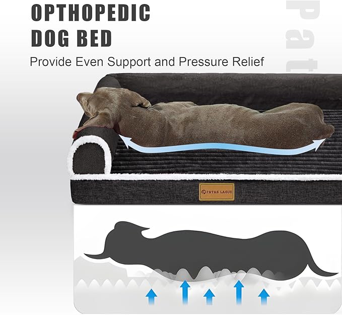 Patas Lague Orthopedic Dog Bed Large Sized Dog 36''X24'', Waterproof Comfortable L Bolster Medium Non-Slip Soft Warm Pet Crate Bed Sleep Sofa mat with Removable Washable Cover Black