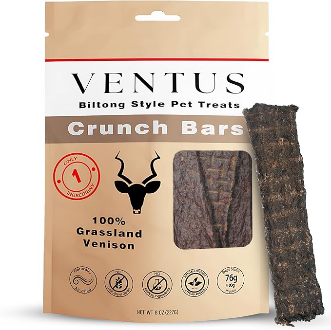 VENTUS Jerky Crunch Bars - Single Ingredient All Natural Venison Dog Training Treats, Healthy Air-Dried, High Protein No Additives, Grain Free, 8 oz