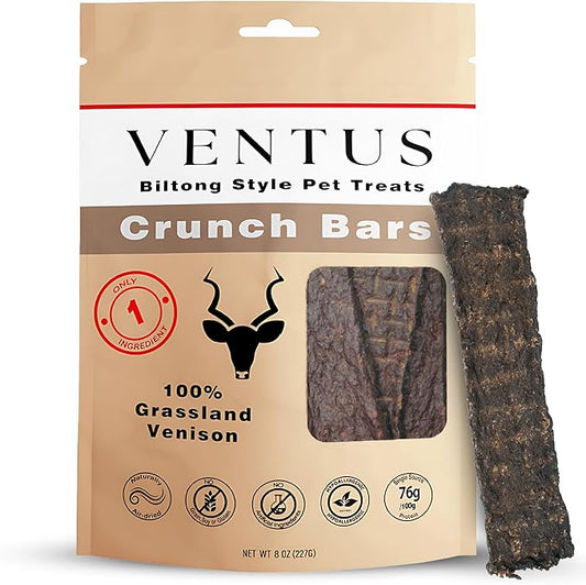 VENTUS Jerky Crunch Bars - Single Ingredient All Natural Venison Dog Training Treats, Healthy Air-Dried, High Protein No Additives, Grain Free, 8 oz