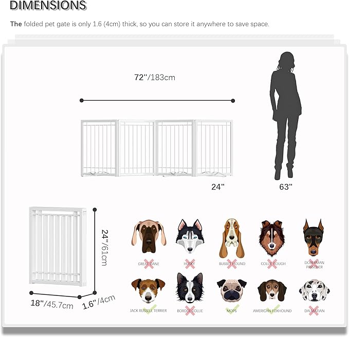 4NM Metal No Drilling Expandable Puppy Dog Gate, Wide 72", Tall 24" Small Free Standing Pet Gate, Doggie Gates for Dogs Outdoor or Indoor, with 3PCS Support - White