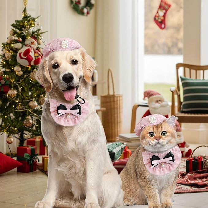 HOWWFALY 2PCS Cat Beret Hat with Small Camellia, Adjustable Satin Bowtie Bandana Scarf Set Pet Princess Costume for Halloween Christmas, Cat Dog Birthday Party Apparel (Pink Bow)