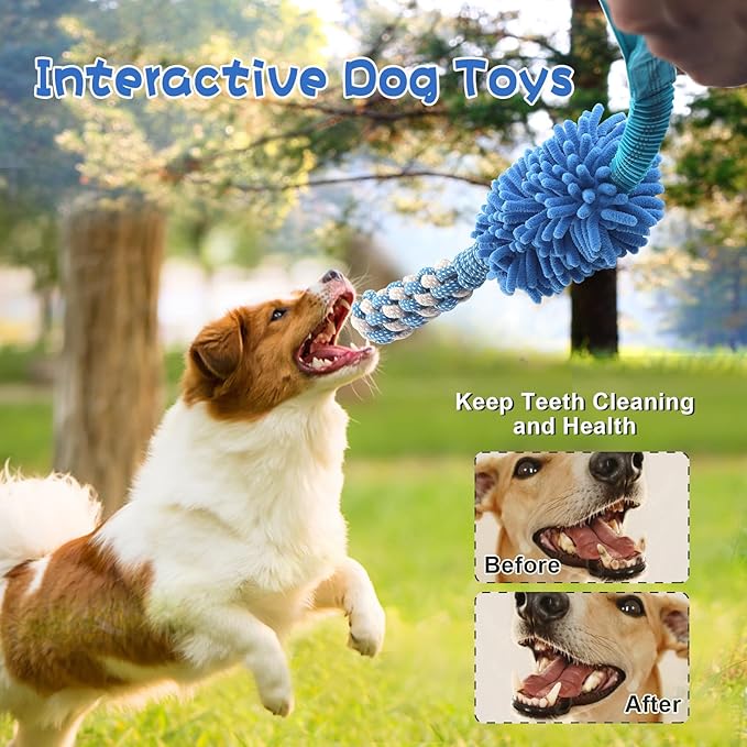 Dog Puppy Toys Dog Squeak Toys Plush Dog Toy with Dog Ropes Knots for Fun and Teeth Cleaning,Tug of War Toys, Puppy Chew Toys, Dog Rope Toys for Training Small, Large Dogs (Blue, Dog Bite Stick Toy)