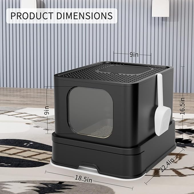 RIZZARI Enclosed Cat Litter Box: Large Stainless Steel Anti-Leak Design Controls Odor - All Black Without Deodorizer - for Cats Under 25 lbs - Ideal for Restroom Porch