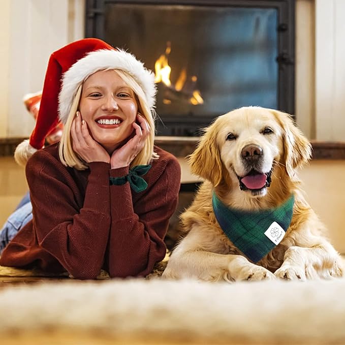 E-Clover Christmas Dog Bandanas Boy & Matching Scrunchie Set Plaid Dog Bibs Scarf Triangle Kerchief Bandana for Medium Large Dogs Birthday Gifts Pet Owner Mom Green Winter