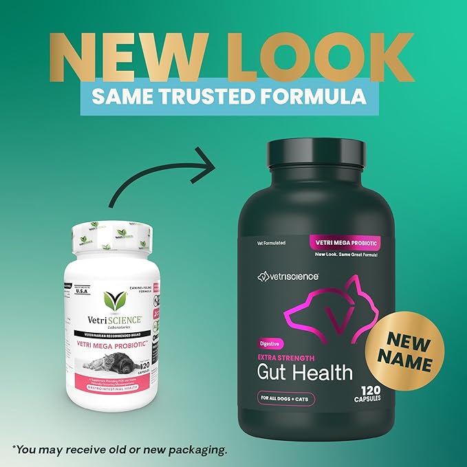 VetriScience Extra Strength Gut Health Easy-Open Capsules, Mega Probiotic and Prebiotic Digestive Supplement for Dogs and Cats, for Diarrhea and Immune Support, 7.5 Billion CFU Per Capsule, 120 Count