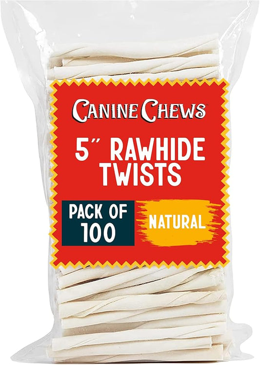 Canine Chews Small Rawhide Twists for Dogs - Pack of 100 5" Dog Treat Stick Twist Beef Dental Chew Dog Toy for Small Dogs and Puppies - Natural Dog Rawhide Sticks