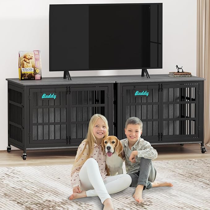 EasyCom 41"/33"/27" Dog Crate Furniture with Name Tag, Heavy Duty Dog Kennel Indoor for Medium Dogs, Double-Doors Sturdy Metal Dog Cage for Anxiety Dog, Decorate House as TV Stand, End Table