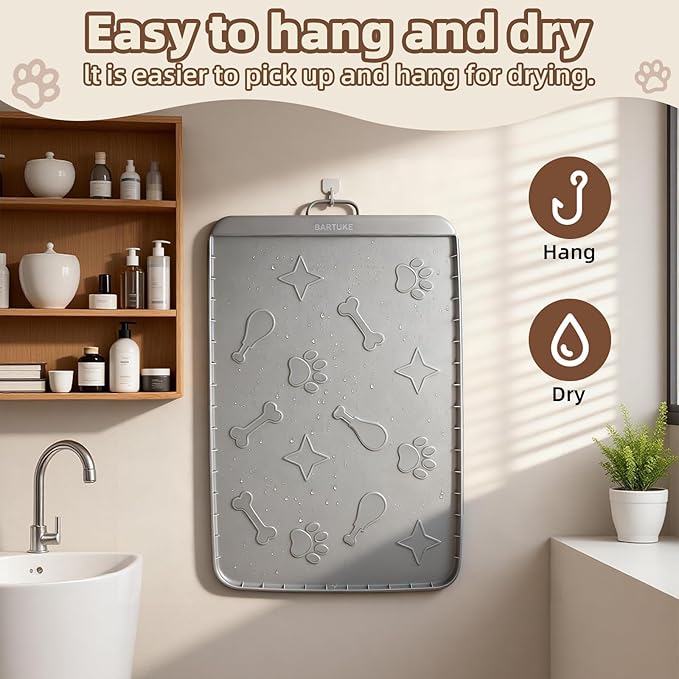 Silicone Cat Litter Mat with Collection Pocket, 42" x 28" Large Cat Litter Box Mat Waterproof Anti-Slip Litter Trapping Mat with Edge and Handle Pet Placemat for Floors (Light Grey)