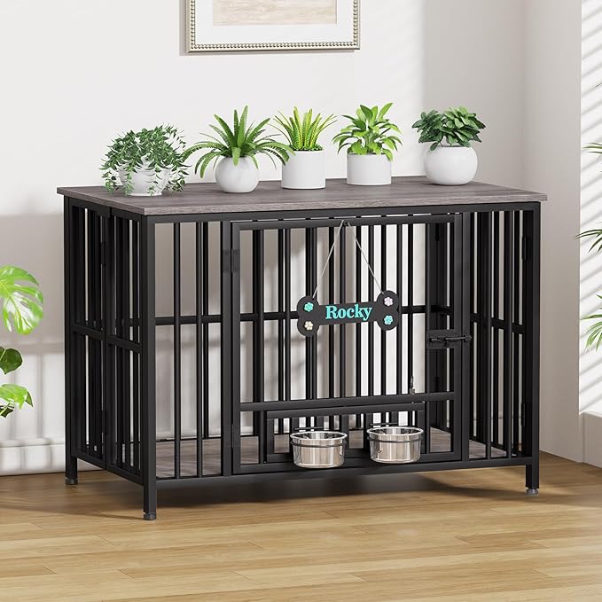 Easycom 41" Dog Crate Furniture Foldable, No Assembly Decorative Dog Kennel Indoor, Dog Crates for Large Dogs(35-60 lb), Wooden Dog Cage with Adjustable Bowls and Name Tag, End Table, Oak Grey