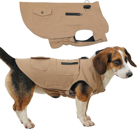 Workwear Style Dog Coats with Harness Built in for Small Dogs Windproof Warm Puppy Jacket with Storage Pockets for Cold Winter,LightBeige XXL