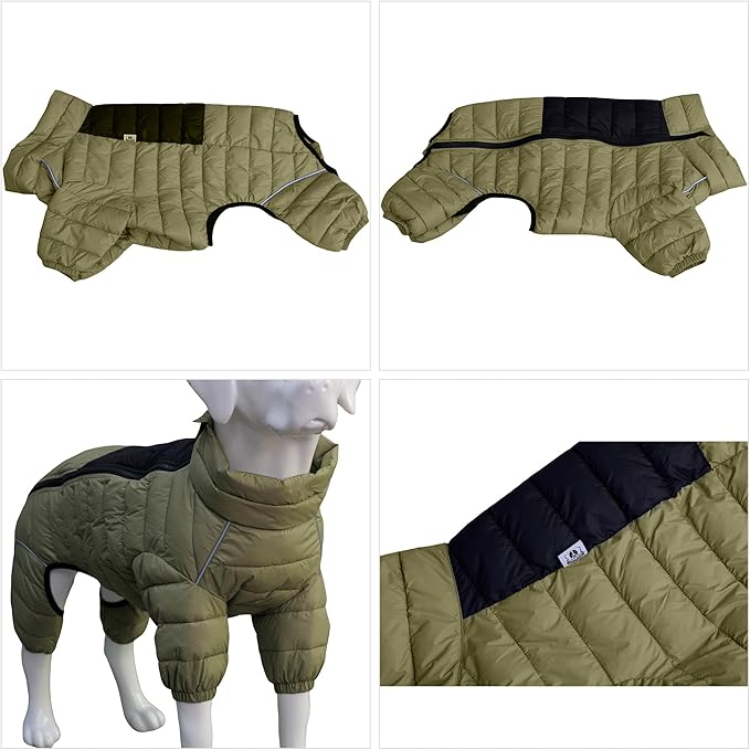 Lovelonglong Dog Coat Dog Warm Jacket, 4 Legs Covered Waterproof Windproof Reflective Warm Dog Vest, Zippered Adjustable Outdoor Dog Snow Jacket for Small Medium Large Dogs Olive Green XXL