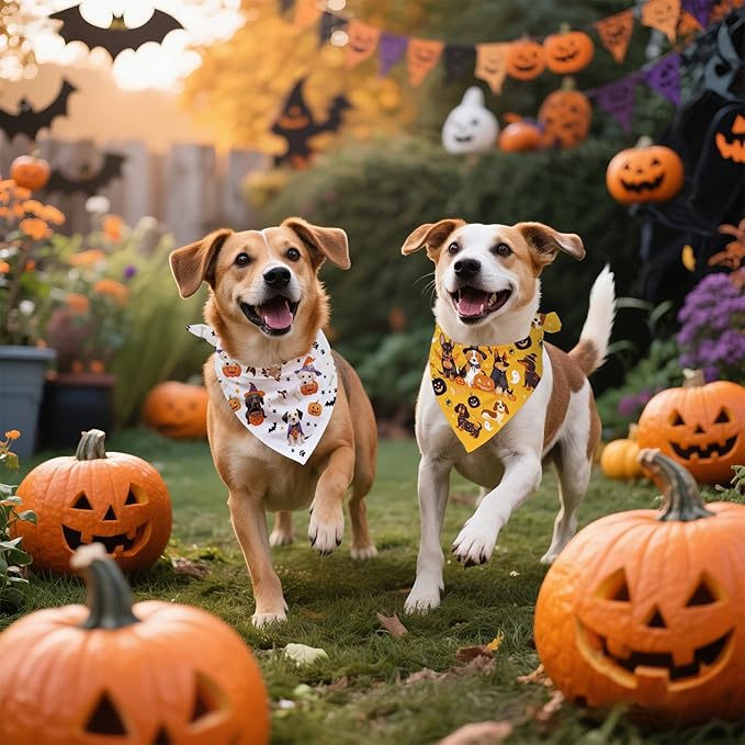 Halloween Dog Bandanas 2 Pcs, Pet Scarf for Dog Girl Boy, Spooky Triangle Puppy Scarf Kerchief Bandana Pet Dogs On Halloween, Ghost Pumpkin Bat Print Gifts for Dogs Lovers (Medium)