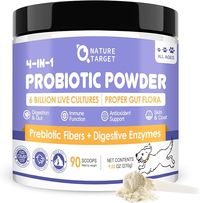 NATURE TARGET Probiotics for Dogs - Dog Probiotics, Plus Prebiotic, Digestive Enzymes, Fiber, Support Gut, Immune Health, 6 Billion CFU Dog Probiotic Powder, Relieve Diarrhea, Loose Stool, 90 Scoops