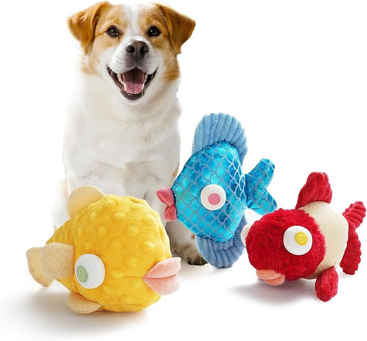 Nocciola Tough Dog Toys, Squeaky Dog Toys to Keep Dogs Busy with Two Resistant Layer & Crinkle Sound, Googly Eyed Fish Gang Puppy Teething Toys for Small, Medium, Large Breeds, 3 Pack