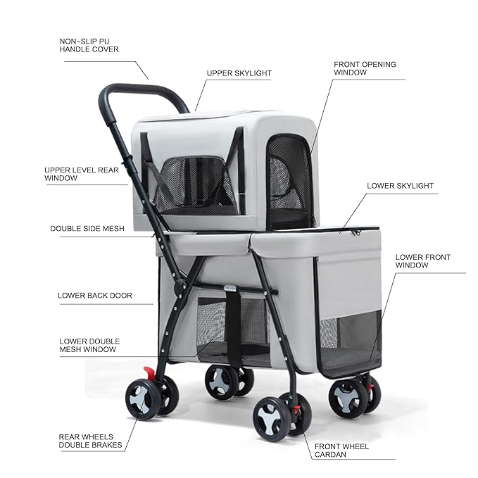 Pet Stroller Double Deck 4 Wheels - Easy-Fold Dog Cat Stroller for Small Medium Dog Cats Carrier, Travel Folding Carrier Breathable and Visible Mesh with Cup Holder（Gray）