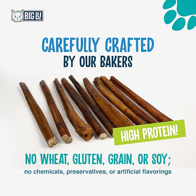 Big Lu - Bully Sticks (12” Jumbo, 10 Count) Weight-Packaged, 100% Beef Chews, Grass-Fed, Fully Digestible Treats for Keeping Puppies, Small, and Medium Dogs Busy