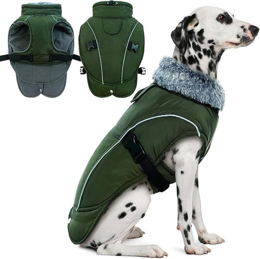 DENTRUN Large Dog Coat - Thick Fleece Lined Reflective Winter Jacket, Snap Closure & Leash Hole, Warm Thick Fleece Lined, Plush Turtleneck Vest for German Shepherd, Army Green, XXL