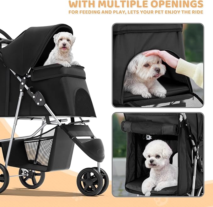 Magshion 3-Wheel Pet Stroller, Foldable Travel Jogger for Small & Medium Dogs & Cats (Up to 33lbs), Lightweight Carrier with Breathable Mesh Cover, Cup Holder & Storage Basket, Black