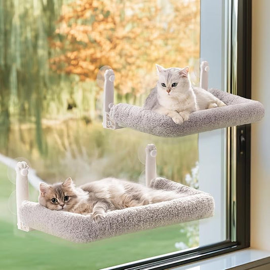 Mewoo 2PC Cat Window Perch, Cordless Window Hammock with Steel Frame and Removable Soft Cover, Embeded Cat Seat with 4 Strong Suction Cups (Grey Cushion Bed, 2 Pack)