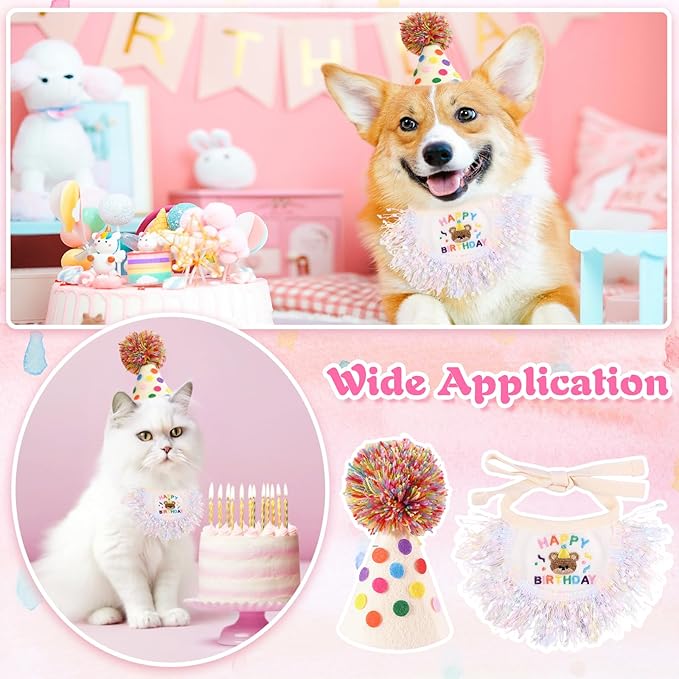 Kunyeah 2Pcs Pet Happy Birthday Hat Scarf Set Puppy Princess Costumes Cute Cat Bandana Outfit Dog Cone Hat wtih Pom-pom Colorful Lace Bib Collar Pet Birthday Decorations Party Supplies (Colorful)