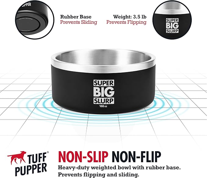 Tuff Pupper Heavy Duty Insulated Dog Bowl | Double Wall Stainless Steel Dog Food Dish | Non-Slip Spill Proof Dishwasher Safe Cat Bowl | Water Dish for Feeding Large Medium Small Pets (188oz, Black)