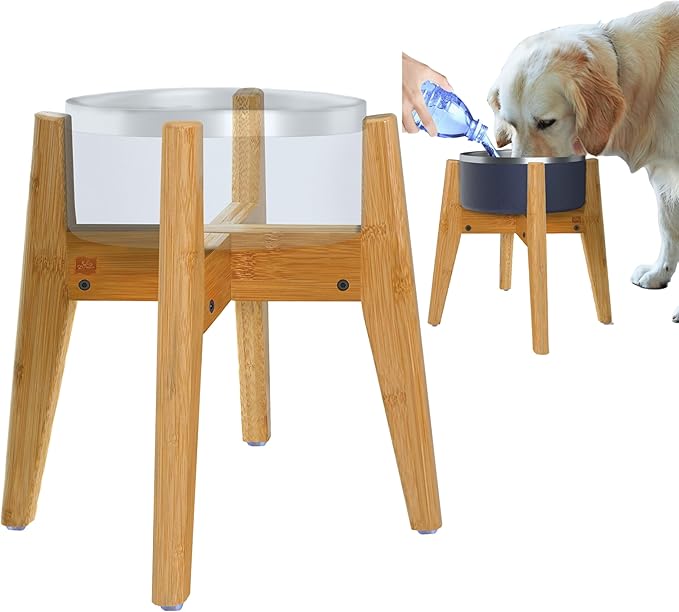 Dog Bowl Stand (14-inch High) - Ideal for Large Breeds, Use to Elevate, Raise Pet Dishes, Water Fountains and Slow Feeders - Adjustable Sideways, Bamboo - (Bowls not Included)