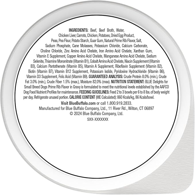 Blue Buffalo Delights Small Breed Natural Wet Dog Food, Prime Rib Flavor in Gravy, 3.5-oz Cups, 12 Count