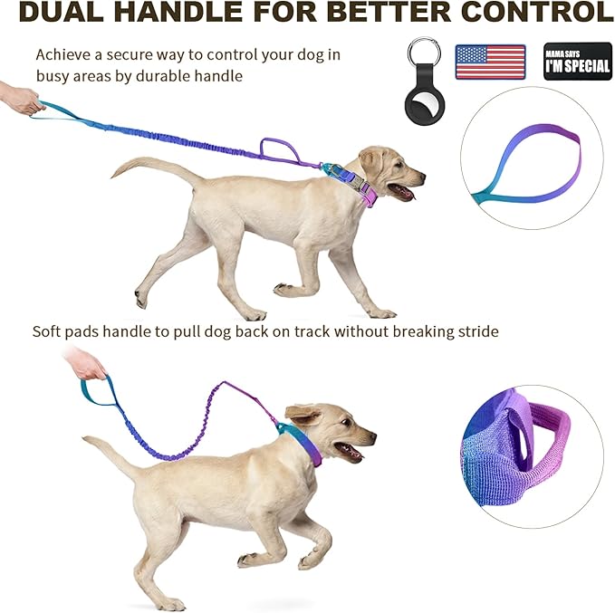 Tactical Dog Collar and Bungee Leash,Military Dog Collar & Leash Set with USA American Flag Adjustable K9 Collar with Heavy Duty Metal Buckle & Handle,with Patches and Airtags Case (Gradient, XL)