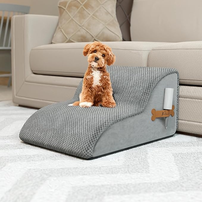 PAWZY Foam Pet Stairs for Small Dogs & Cats – 2-Step Dog Ramp 12” High, Wide Non-Slip Steps for Bed & Couch – Washable Pre-Fitted Cover (no Assembly Required), Waterproof Base – Grey