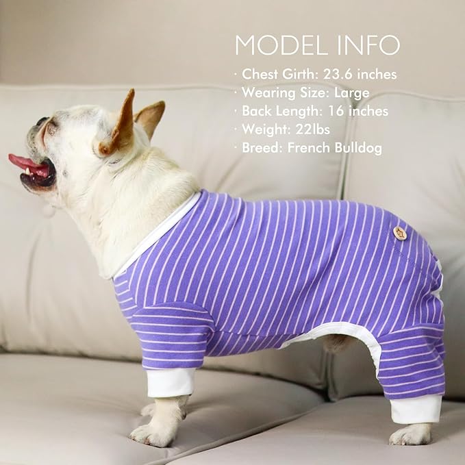 KYEESE Dog Pajamas Striped Pet Jumpsuit Soft Doggie Jammies Lightweight Onesie 4 Legs PJS Stretchable Dog Pajamas Breathable Costumes Comfortable Sleepwear for Small Dogs,Purple Striped, X-Large