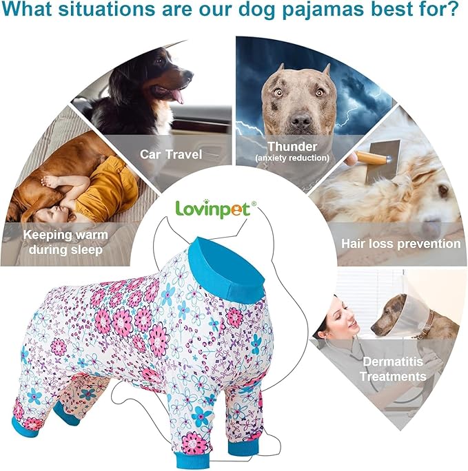 LovinPet Dog Pajamas Large Breed, Anti Licking, Anxiety Calming Dog Clothes,Lightweight Stretchy Fabric,Pretty Floral Print,Onesie for Dogs,Pitbull Clothes Pet Costume,Pet Party Outfit, Large