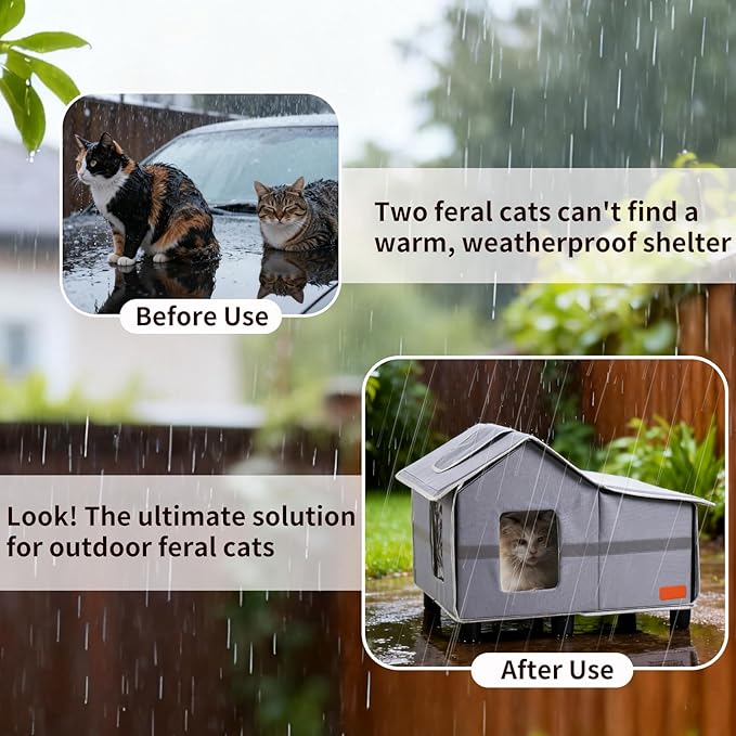 Outdoor Cat House Weatherproof, Outside Cat House for Outdoor Feral Cats, Insulated Cat Shelter with Cozy Mat and Elevated Bases