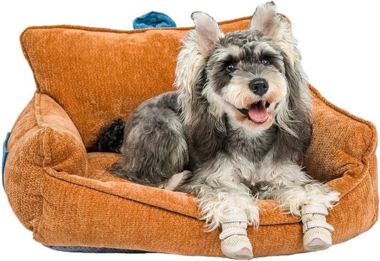 Small Orthopedic Dog Sofa Bed with Sides, Carry Handle & Side Pockets .Plush Chenille Orthopedic Pet Bed Couch for Small Breed Dogs & Cats .Portable Snuggler for Indoor Use, Travel & Recovery