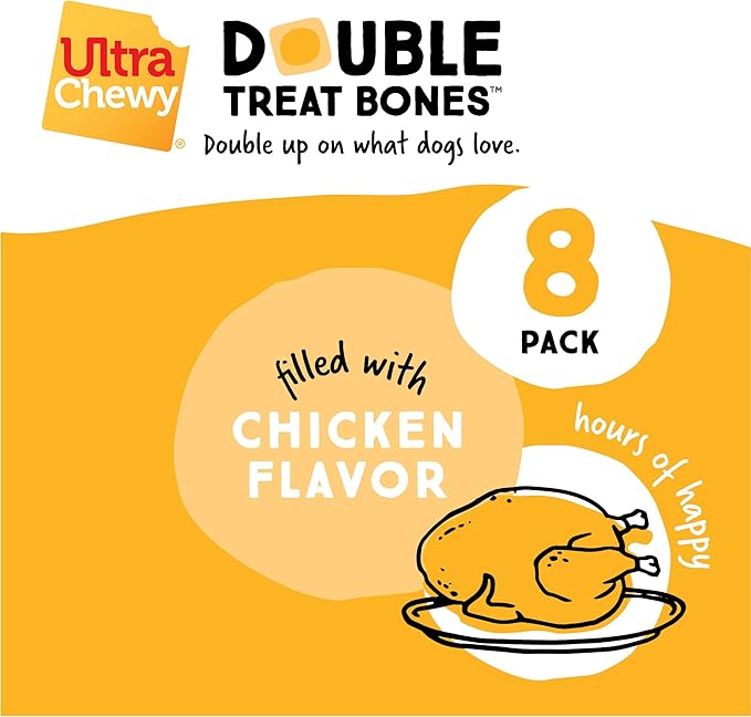 Ultra Chewy Chicken Double Treat Bones: Long-Lasting Dog Treats Made in USA for Large and Small Breeds, Highly Digestible, Ideal for Aggressive Chewers (24 Count)